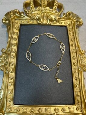 Delicate Gold-Tone Blue Crystal Evil Eye Link Bracelet